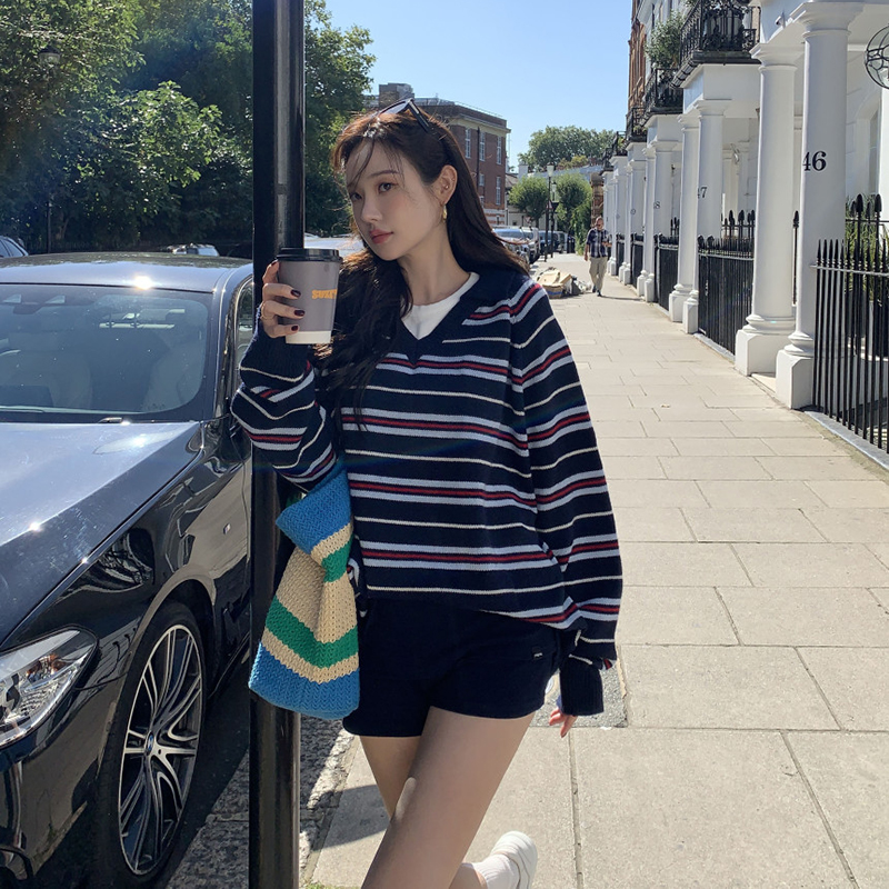 秋季新款 翻领V领可单穿可叠穿中长款撞色条纹长袖针织衫毛衣女
