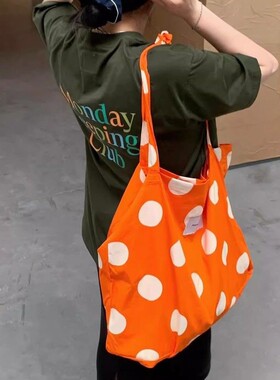 夏日度假休闲橙色波点帆布包单肩印花布袋包大容量百搭时髦购物袋