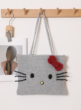 可爱凯蒂猫单肩草编包新款卡通闪亮银线草包编织包海边度假沙滩包