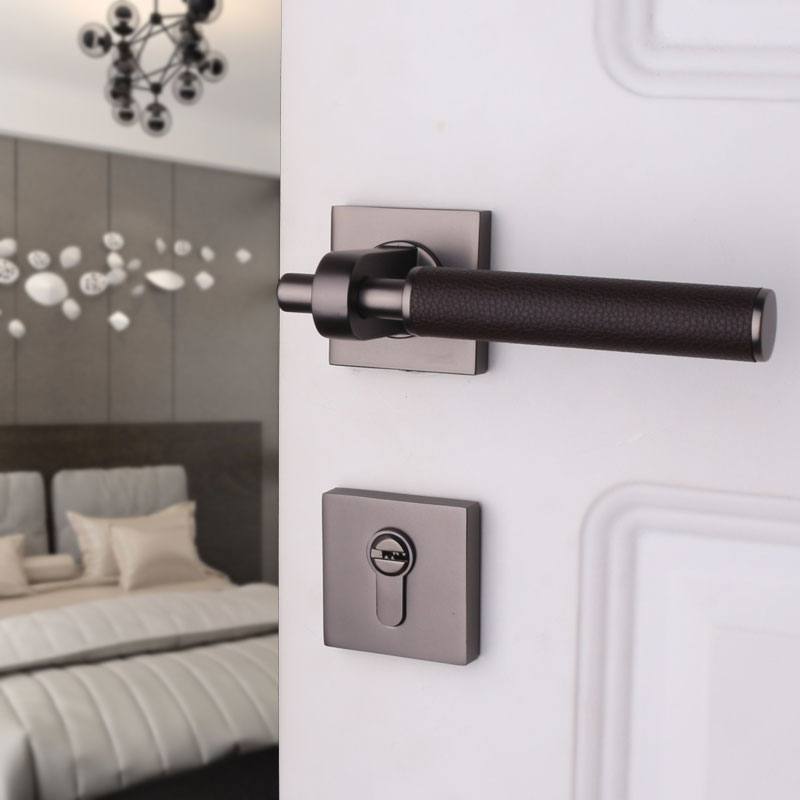 依佰利灰黑色真皮室内卧室房门锁美式简约实木门把手静音分体锁具