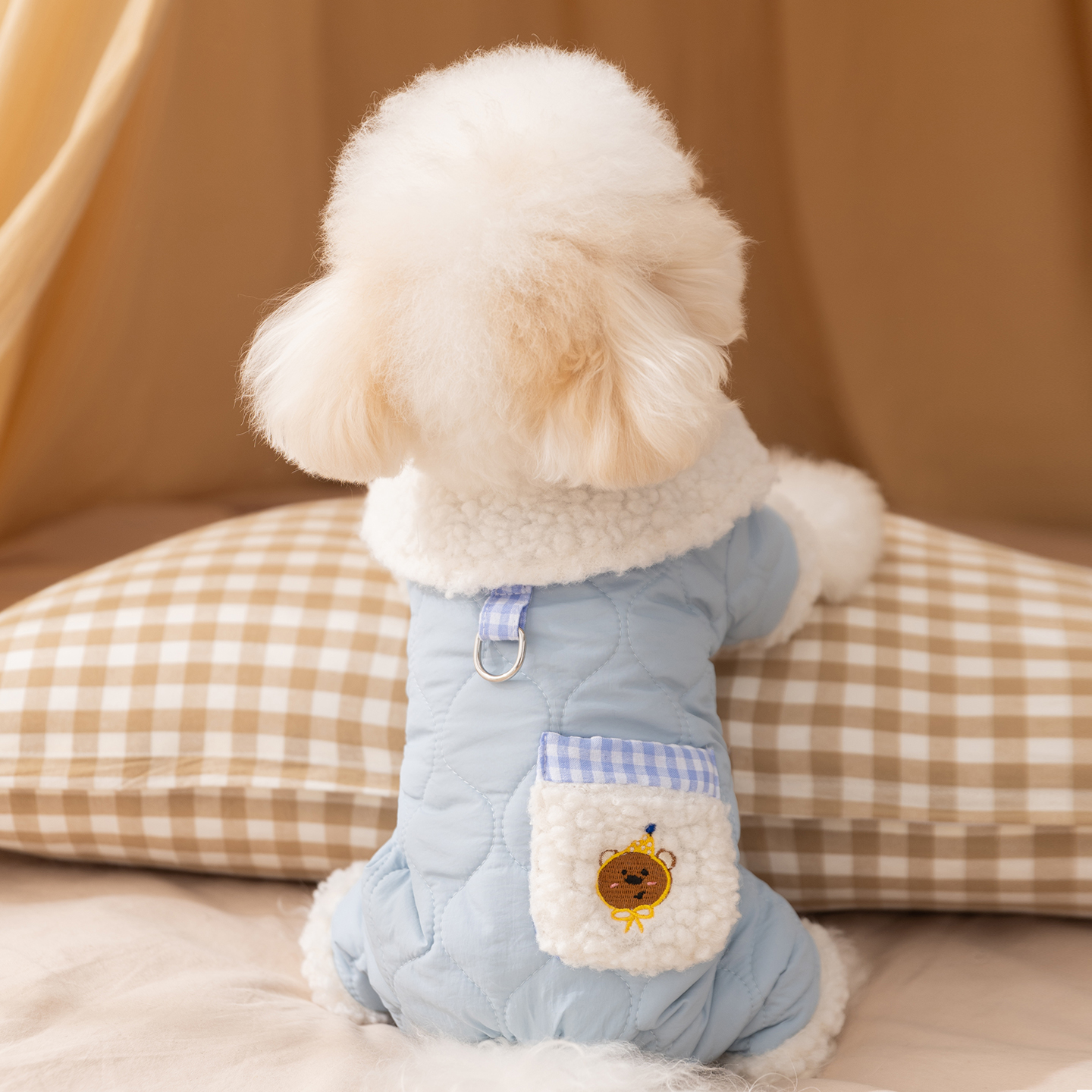 狗狗衣服秋冬季保暖绗棉口袋领结熊四脚棉衣自带牵引小型宠物衣服