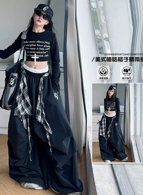 25女童中大童潮酷春秋黑色印花上衣格子丝巾裤儿童运动套装