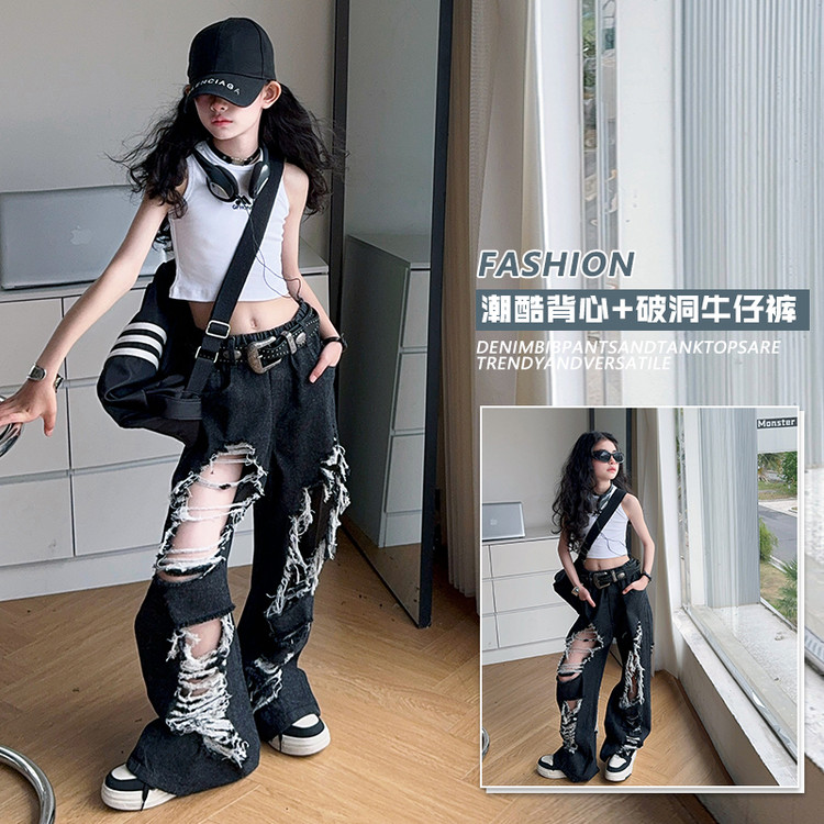 2025女童中大童超级破洞裤前后破韩版潮流另类超酷破洞牛仔裤