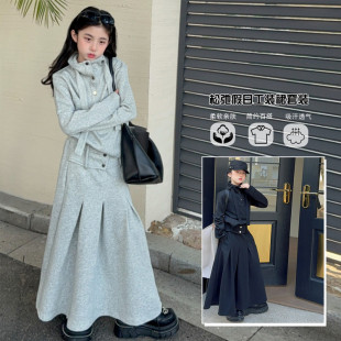 DD26女童韩版春秋卫衣面料灰黑两色工装裙套装儿童运动套装