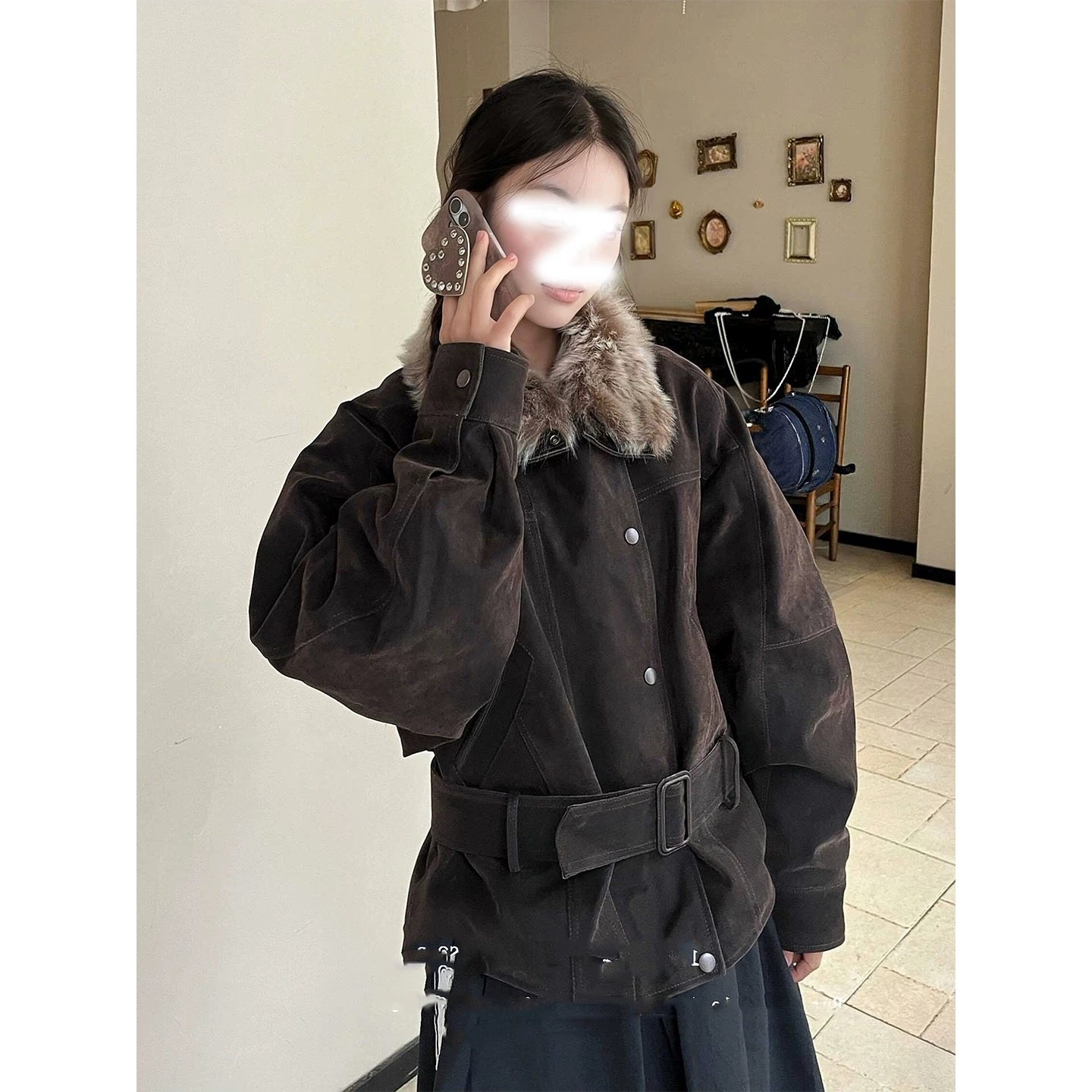沉咖叙事可拆卸毛领外套女秋冬2025新款派克服宽松情侣上衣潮