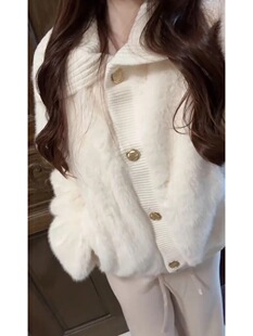 QDQD 甜美可爱风软糯大翻领环保皮草秋冬新款白色皮毛一体外套女