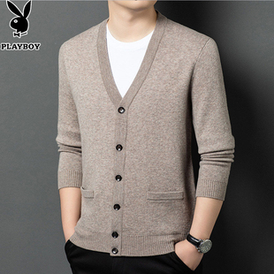花花公子秋冬加厚羊毛衫男士100%绵羊毛外套开衫V领打底毛衣