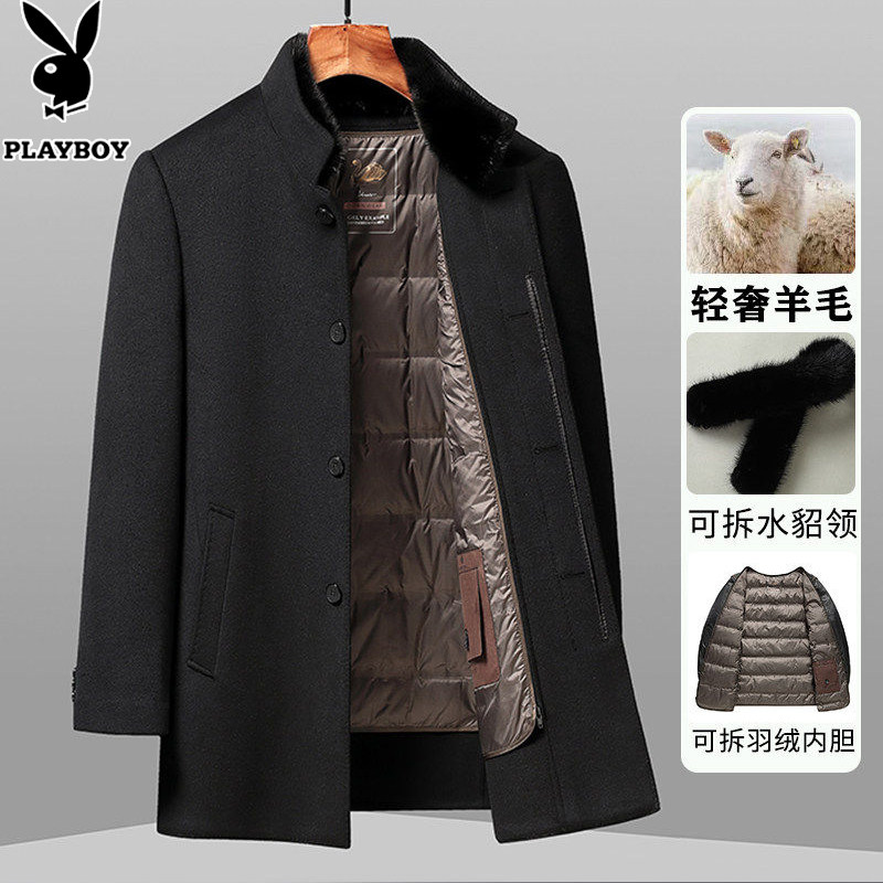 花花公子秋冬水貂毛领双面尼外套男可脱卸羽绒内胆立领羊毛呢,男装,毛呢大衣,淘宝优惠券,粉丝福利购,淘宝优惠卷