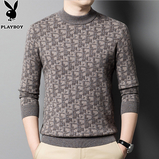 花花公子秋冬加厚羊毛衫男士100%绵羊毛圆领打底衫毛衣全毛550克