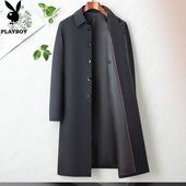 外套春秋纯色上衣 中老年爸爸装 花花公子加长过膝款 翻领风衣男士
