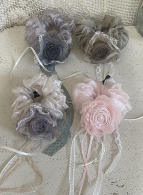 手作森系古着感蕾丝花朵雪纺大肠发圈lolita飘带纯欲古风少女发饰