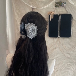 原创古风雾霾蓝纯欲美女大花朵抓夹禅意玫瑰新中式手作鲨鱼夹发饰