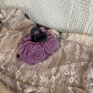新中式手作花朵纯欲重工温柔古风紫玫瑰小众鲨鱼夹发夹