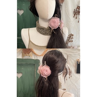 新品古风纯欲美女温柔粉大花朵抓夹烧毁玫瑰新中式手作鲨鱼夹抓夹