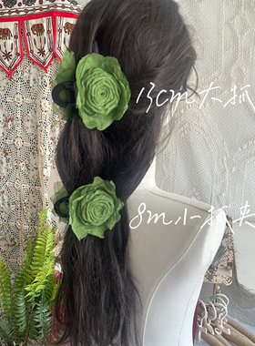 新中式手作玫瑰花朵抓夹森林绿色古风小众鲨鱼夹气质半扎盘发发饰