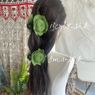 新中式手作玫瑰花朵抓夹森林绿色古风小众鲨鱼夹气质半扎盘发发饰