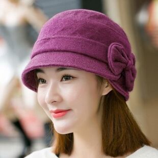 秋冬款帽子女士帽蝴蝶结盆帽毛线帽保暖贝雷帽羊毛兔毛混纺针织帽