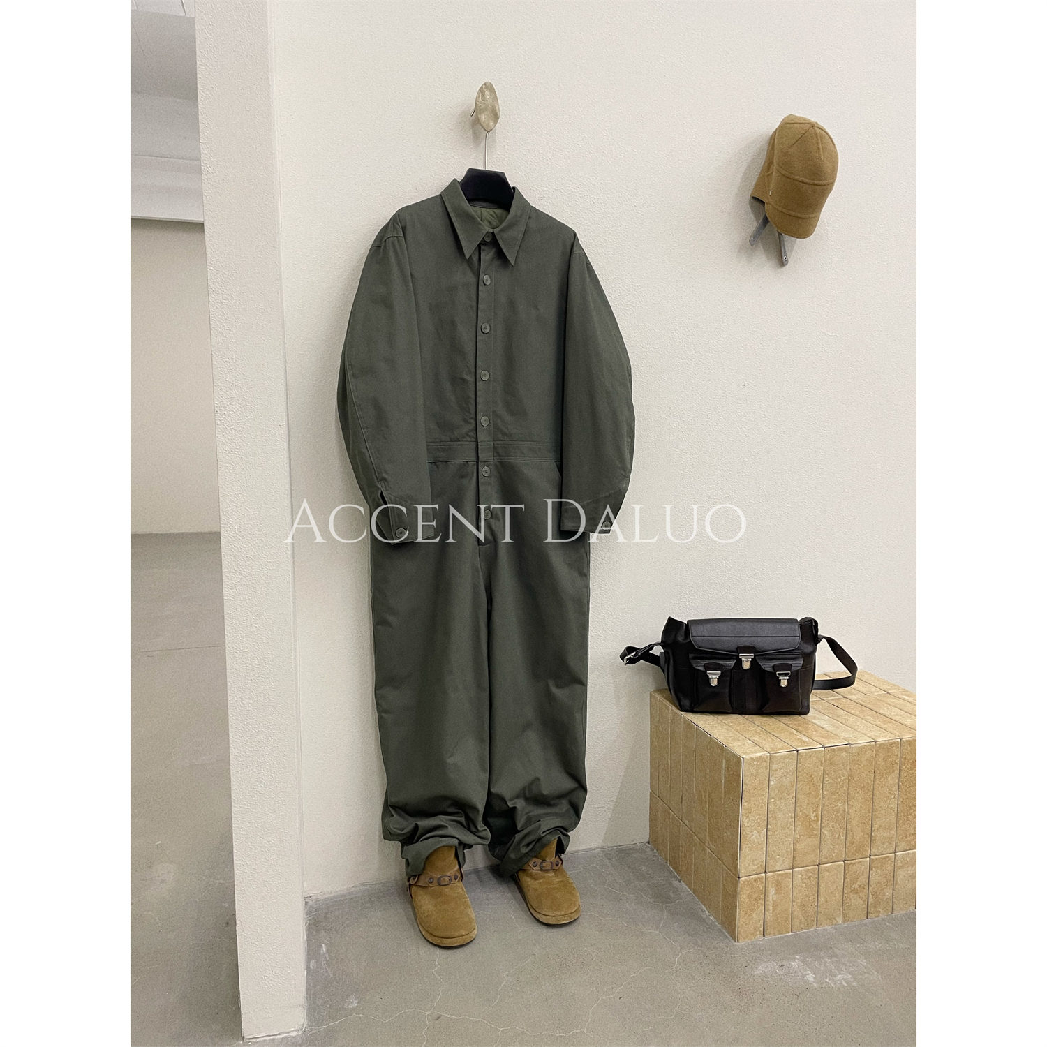 ACCENT DALUO 硬帅 重磅复古阿美咔叽加棉工装衬衫廓形连体裤长裤