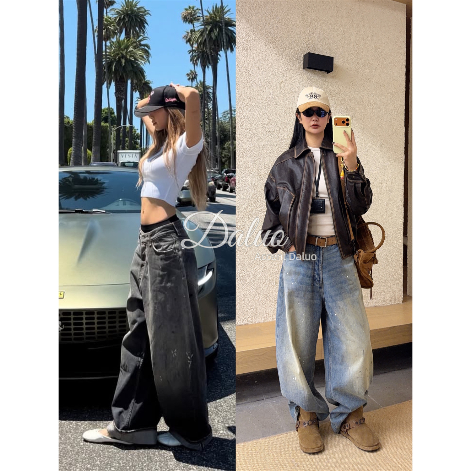 ACCENT DALUO 率性雅痞 复古做旧手工擦色泼墨宽松阔腿牛仔裤长裤