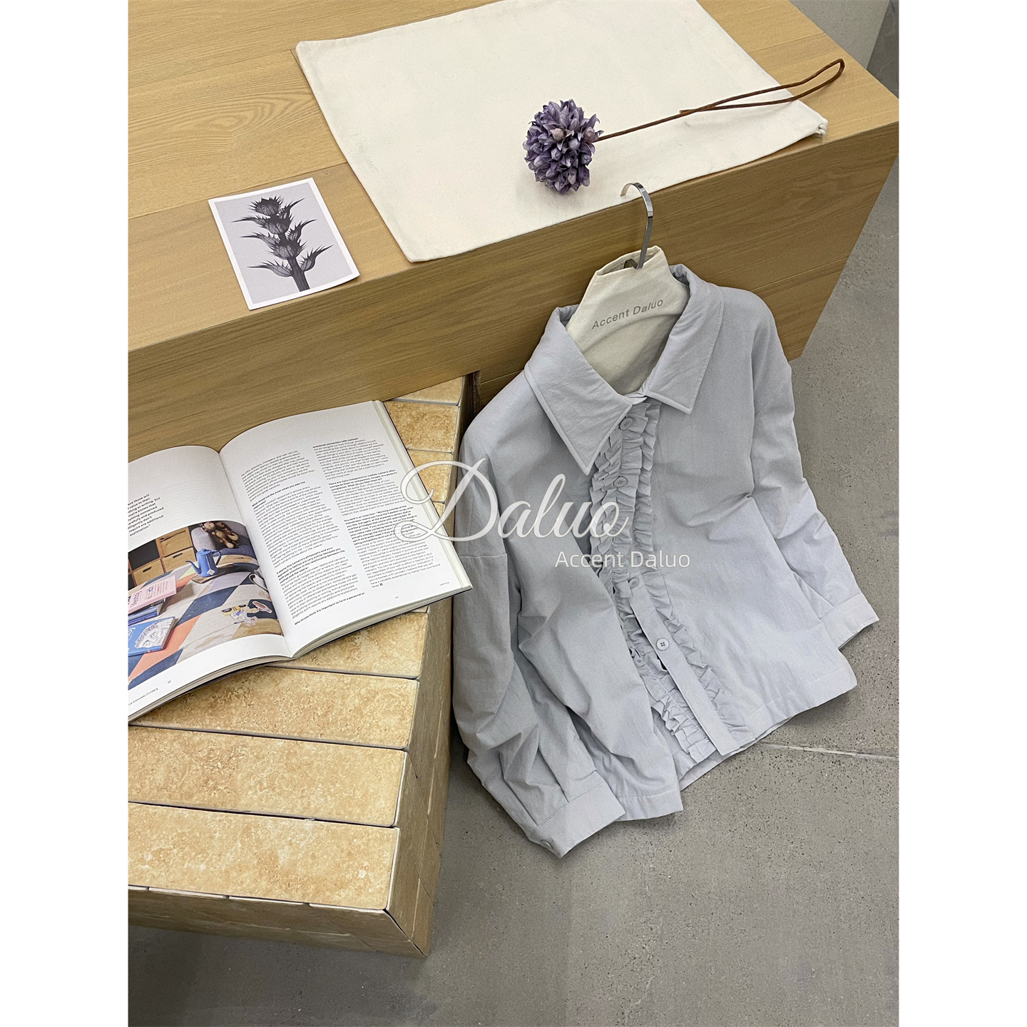 大罗Daluo 25冬季新款 法式浪漫木耳花边宽松翻领衬衫夹棉外套女