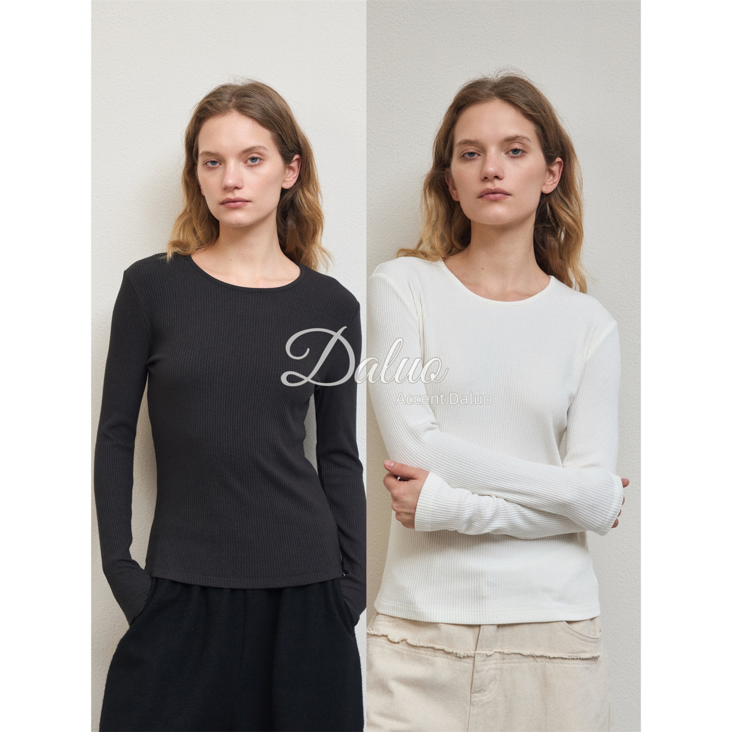 ACCENT DALUO巨舒适巨百搭 弹力紧身显瘦竖坑条圆领V领长袖打底衫