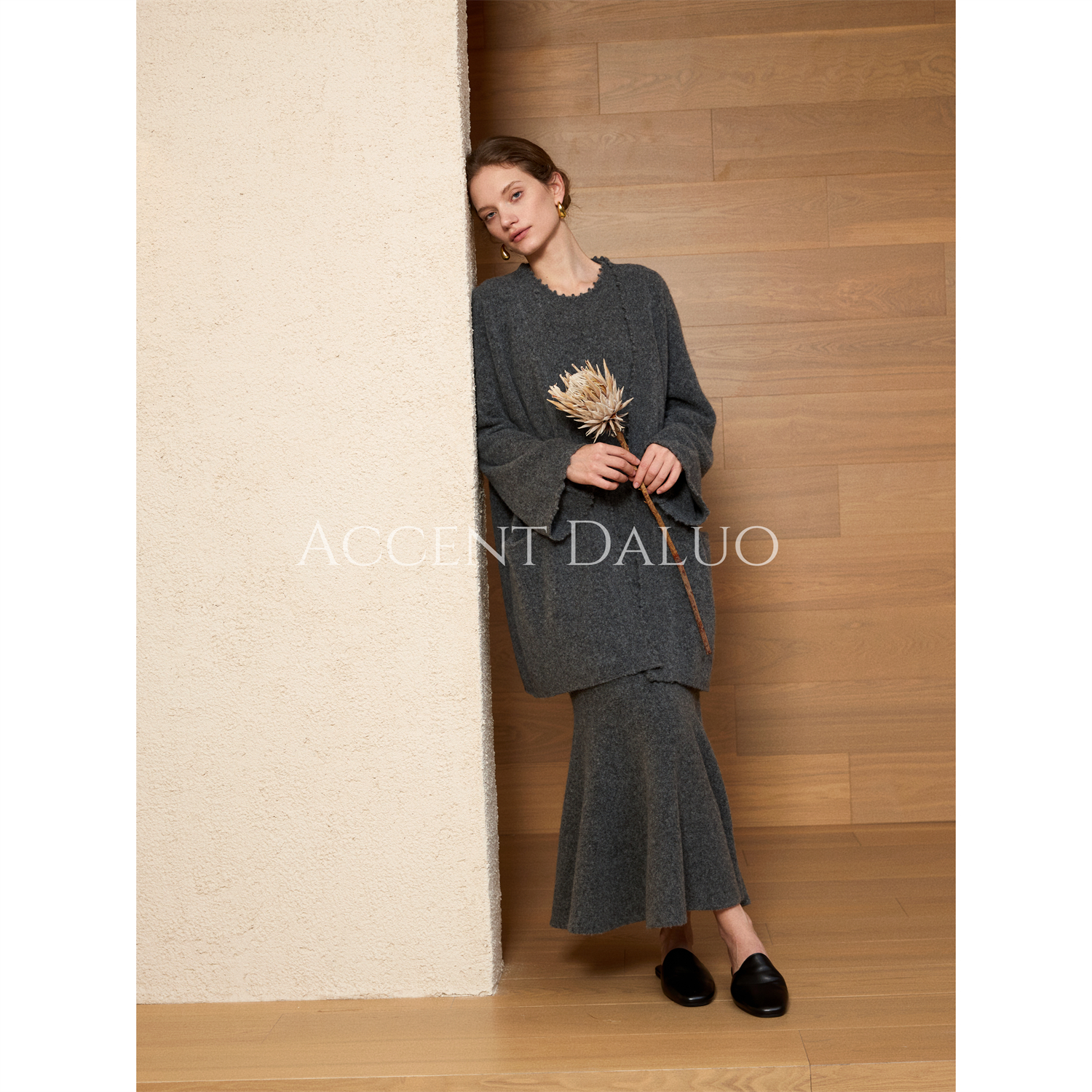 ACCENT DALUO优雅女神牦牛绒羊毛廓形开衫显瘦鱼尾连衣裙长裙套装