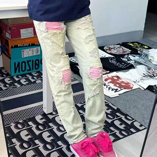 网红同款秋冬季粉色PU皮补丁贴补破洞牛仔裤子男女士宽松休闲百搭