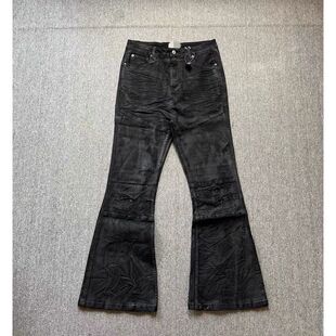 RO风美式暗黑高街手工刷蜡涂层弹力微喇叭牛仔裤拖地蜡裤bootcut