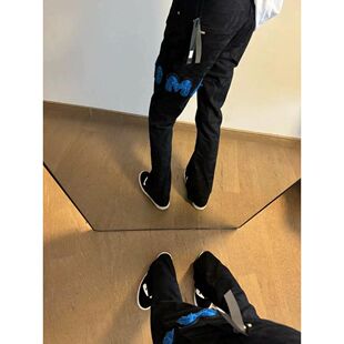 潮牌高端百搭休闲学生轻奢长裤 美式 高街刺绣AM贴布字母微喇牛仔裤