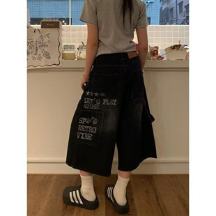原宿美式牛仔短裤女夏季2026年新款潮牌宽松水洗剪裁五分休闲裤