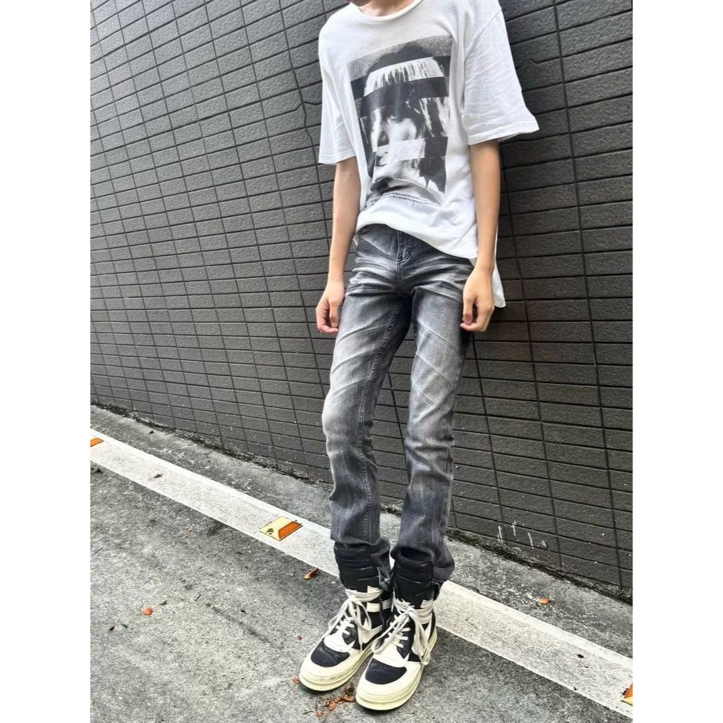 纪璇黑牛美式cleanfit水洗修身弹力微喇高街vibe黑灰3.0牛仔裤男图片