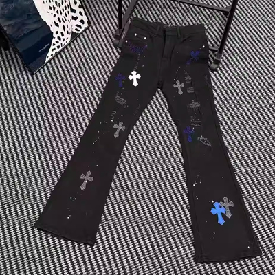 网红高街十字架烫钻牛仔裤