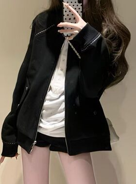 美式复古机车拉链翻领棒球外套女学生春季新款小个子宽松夹克上衣
