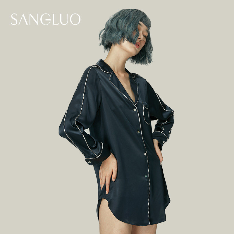 BF男友风衬衫式真丝睡裙SANGLUO桑蚕丝宽松睡衣家居服女可外穿