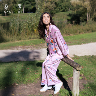 孙千同款 100%桑蚕丝艺术涂鸦印花可外穿家居服 桑罗真丝睡衣套装
