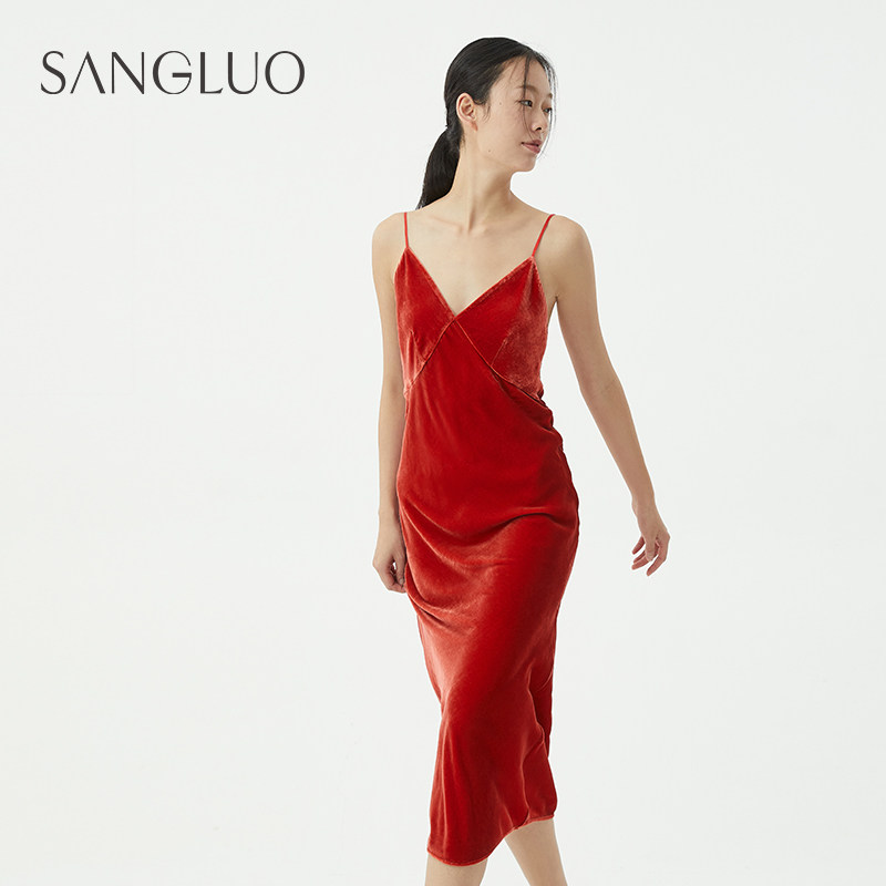 桑罗桑蚕丝绒吊带背心性感露背装新年礼服包臀连衣裙派对红色睡衣