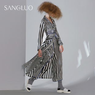 FANG设计师限量桑罗桑蚕丝条纹系带睡袍外穿家居服 SANGLUO