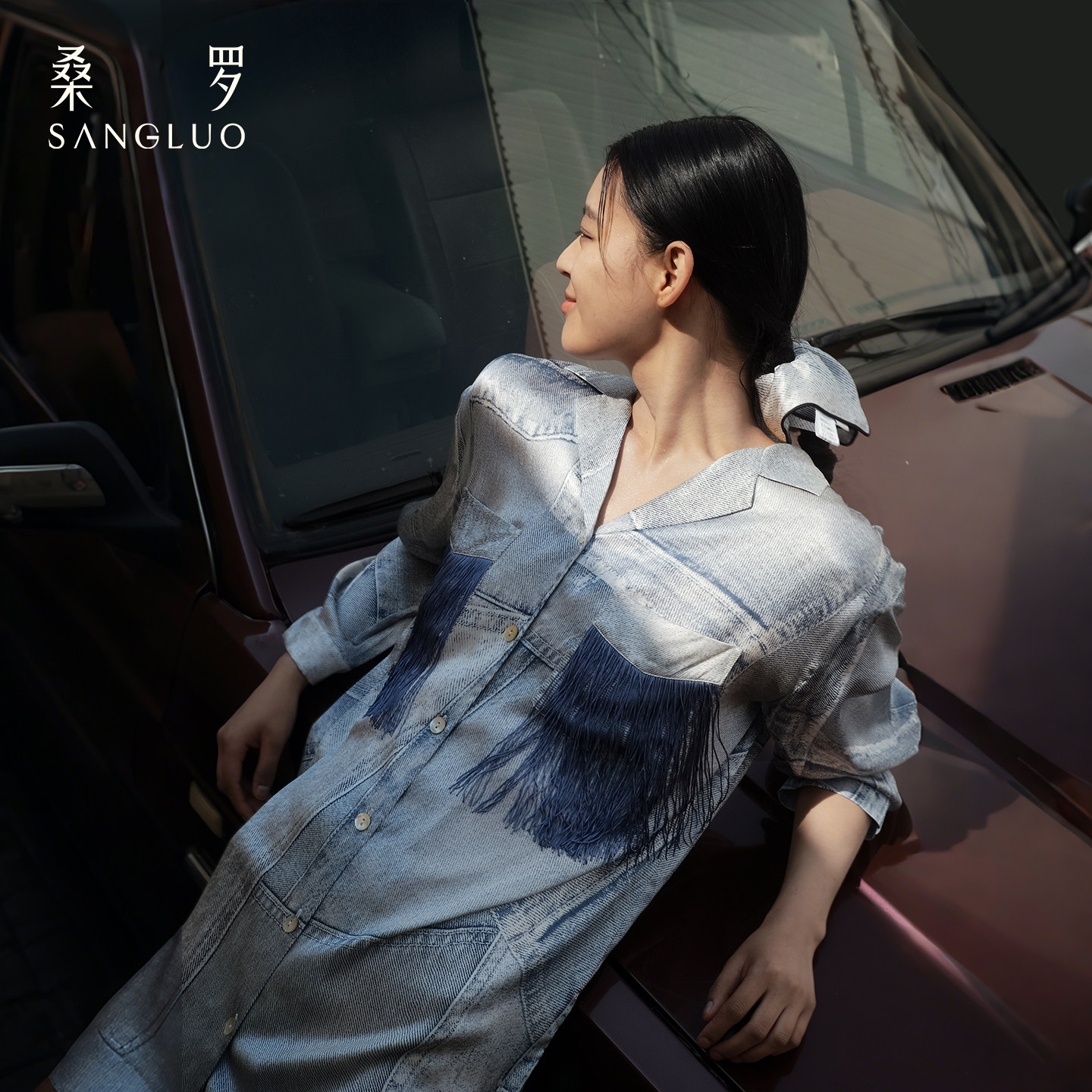 复古牛仔100%桑蚕丝真丝衬衫裙图片