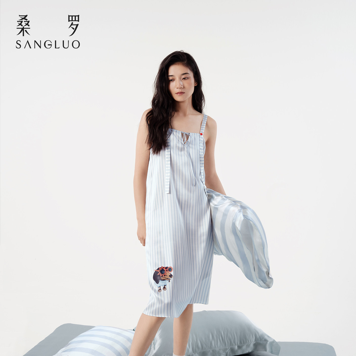查理小狗』桑罗条纹印花真丝睡裙100%桑蚕丝女直筒裙可外穿家居服