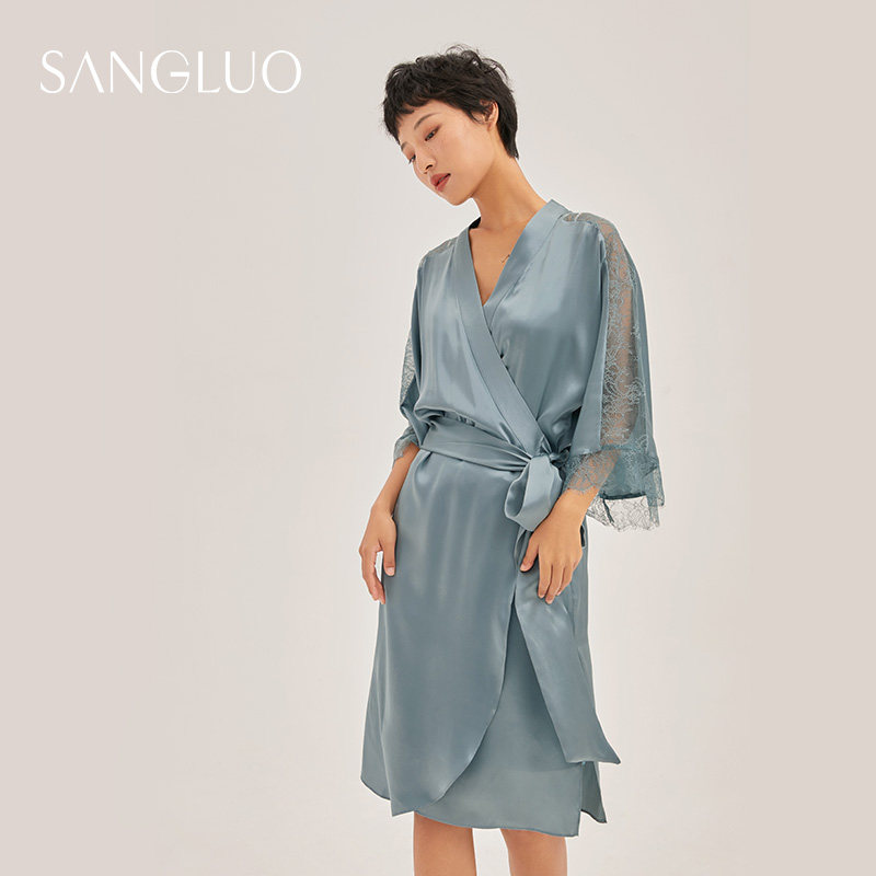 SANGLUO桑罗真丝睡袍慵懒性感长袍桑蚕丝绸蕾丝优雅新娘婚礼晨袍