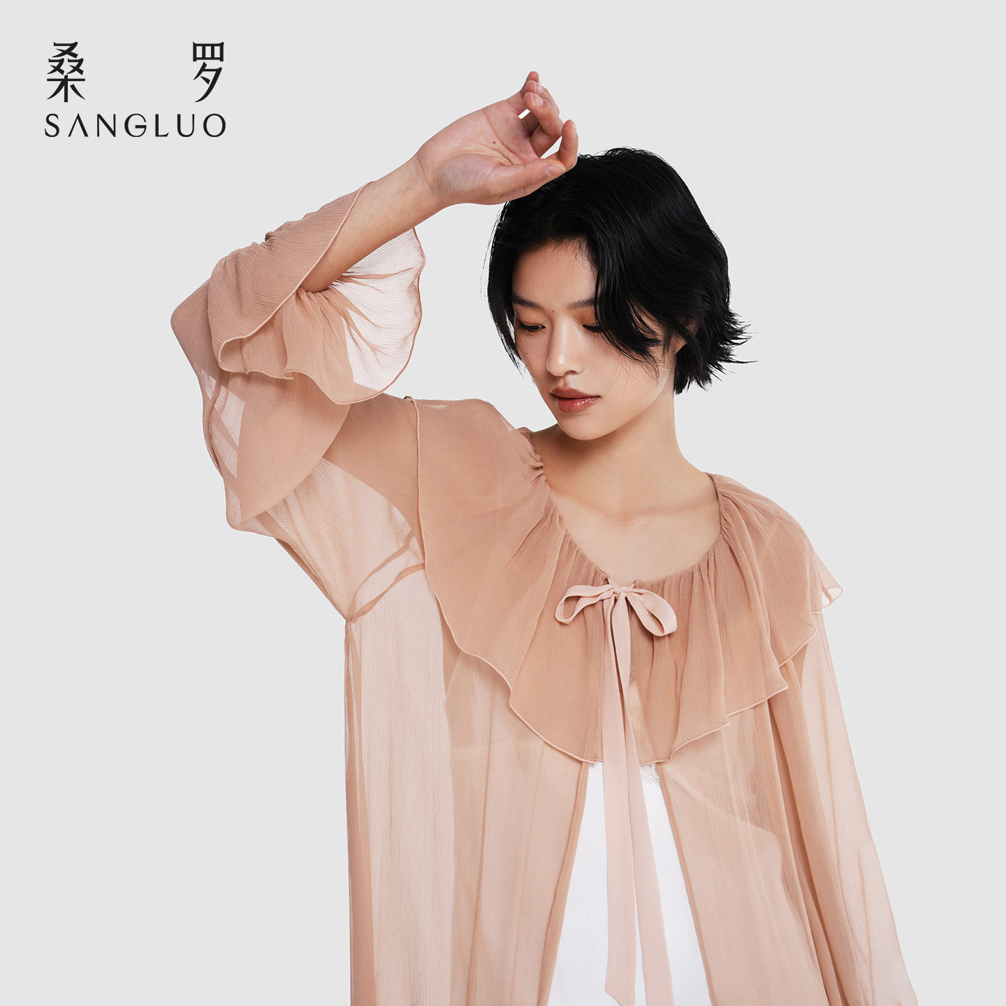 浪漫度假』桑罗荷叶领飘带半透长袖真丝睡袍100%桑蚕丝家居服外穿