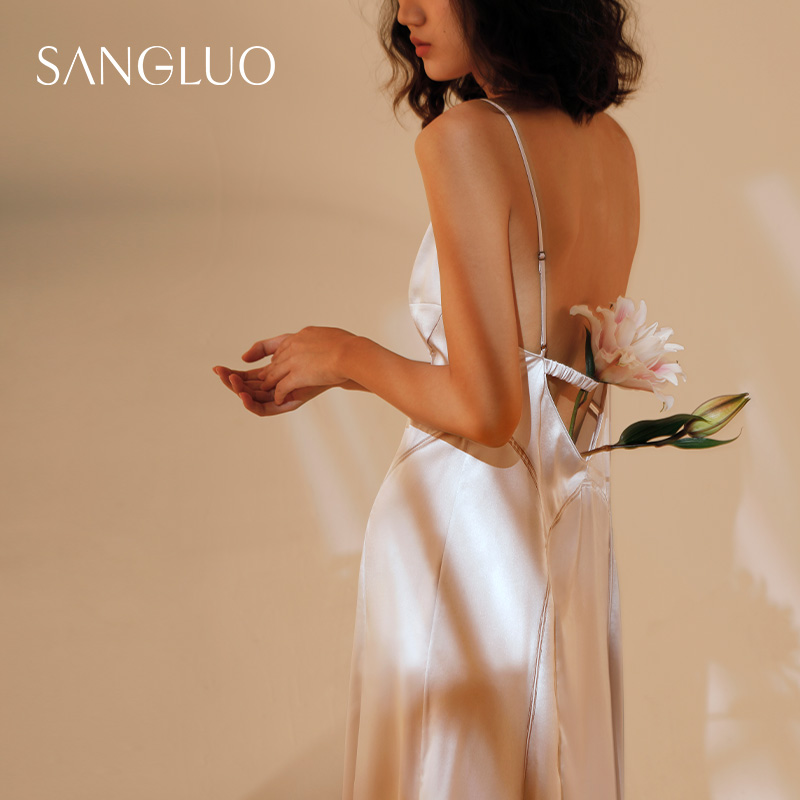 SANGLUO真丝吊带睡裙白色婚礼晨袍新娘礼服裙轻性感afterparty裙