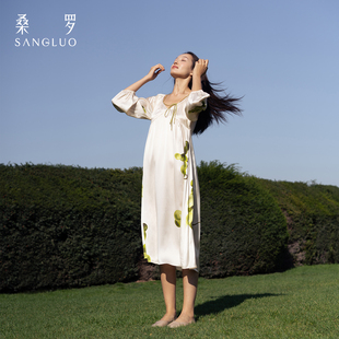 明星同款 桑罗真丝睡裙100%桑蚕丝轻礼服长裙葡萄印花度假连衣裙