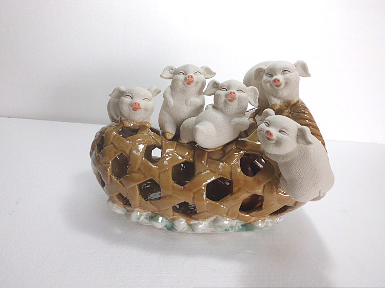 五福 猪笼入水  陶瓷工艺品摆件石湾公仔 家居装饰品客厅摆设小猪