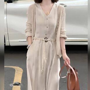 通勤V领针织开衫连衣裙两件套女收腰显瘦腰带气质套装