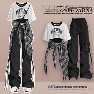 夏季酷飒套装女学生独特上衣格子衬衫工装裤韩剧小个子穿搭一整套