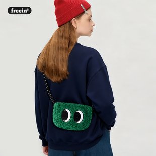 freein怪诞绿大眼萌斜跨包潮趣味毛绒包小众设计手机包可爱挂包新