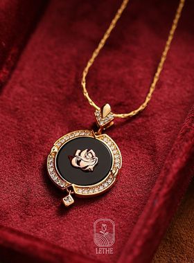 Tudor rose暗夜玫瑰法式复古浮雕感天然黑玛瑙项链吊坠女气质大牌