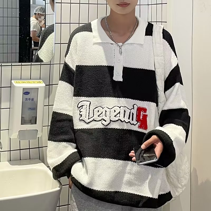 秋款男士青少年港风条纹毛衣宽松外套套头中长款针织衫潮 M522P60图片
