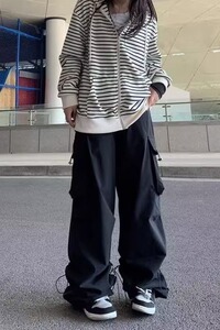 复古美式休闲工装长裤女装秋季新款松紧腰白色阔腿裤 K978P60图片